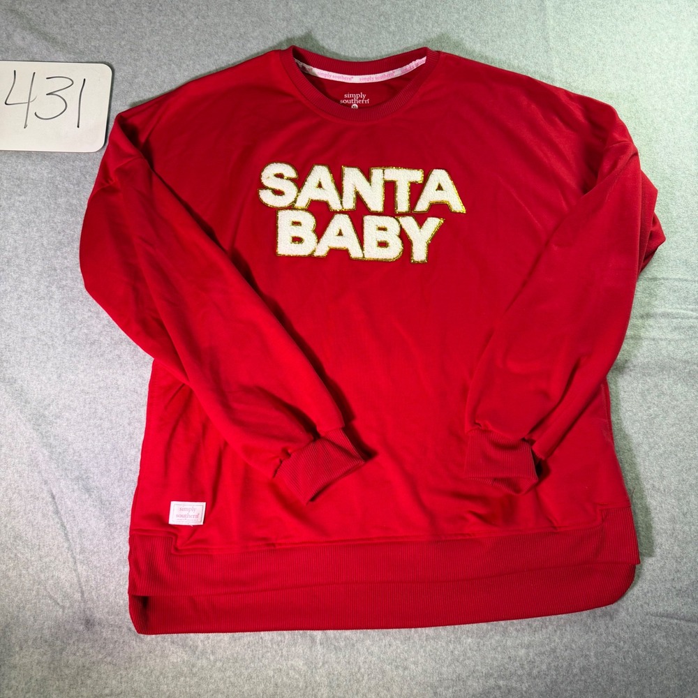 Simply Southern Santa Baby Red Sweatshirt XL Christmas Chenille Gold Glitter